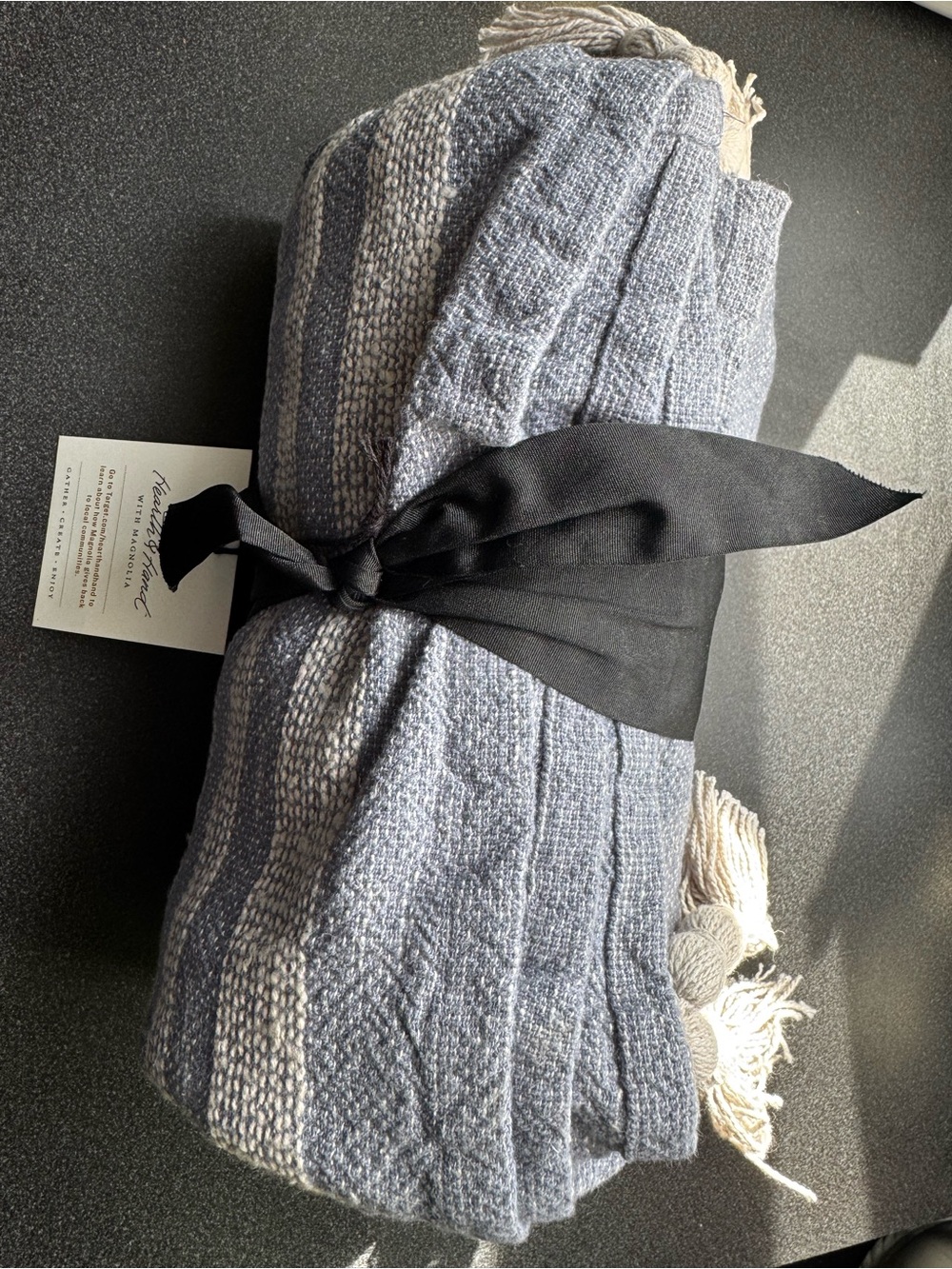 Hearth & Hand Blue and Cream Striped throw w/ tassels